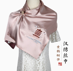 汉绣丝巾 黄鹤相伴